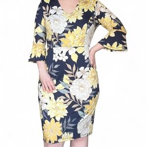 Enfocus Studio Navy and Yellow Floral Long Sleeve Dress size 6